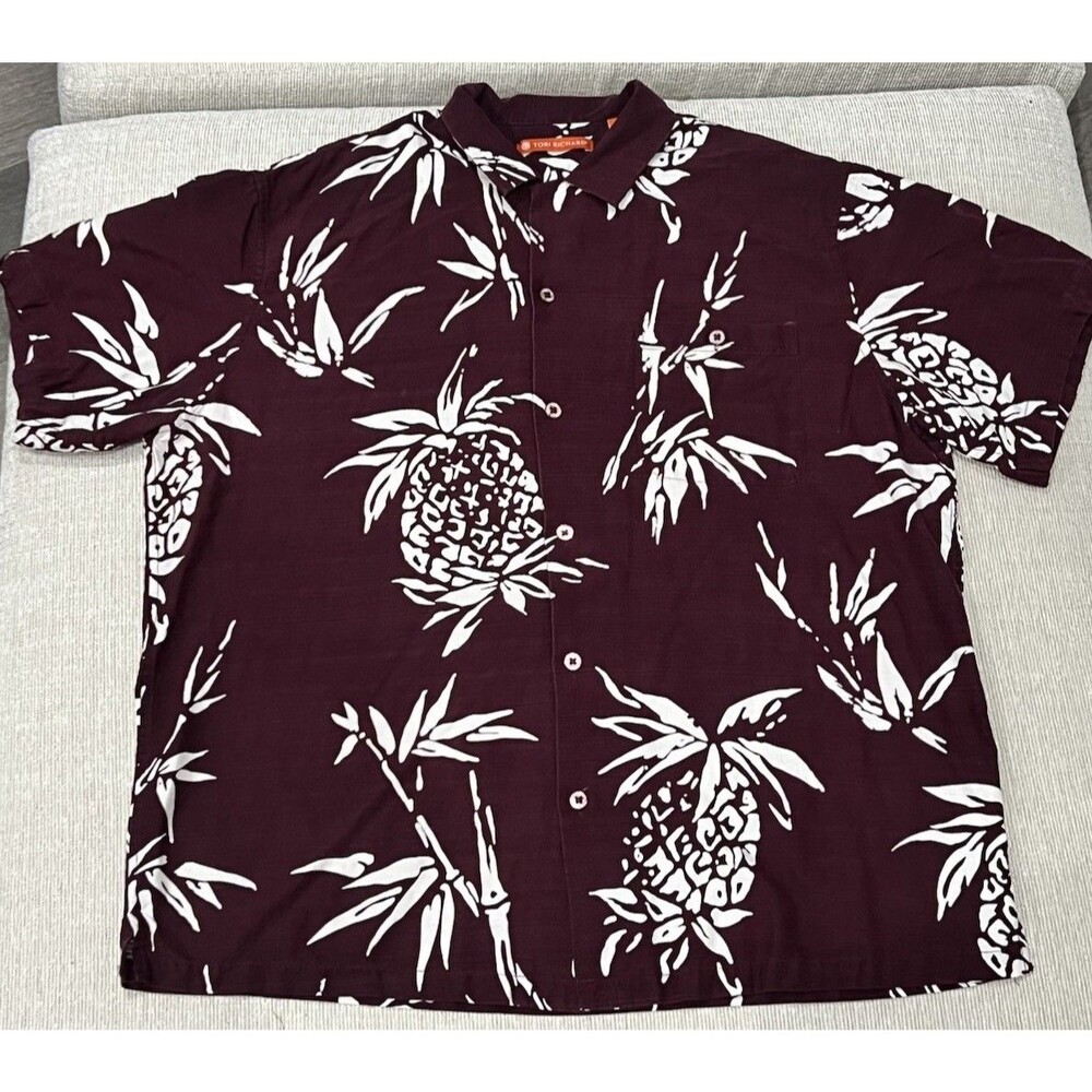 Tori Richard Pineapple Abstract Polyester Aloha Shirt Men Size Large Burgundy